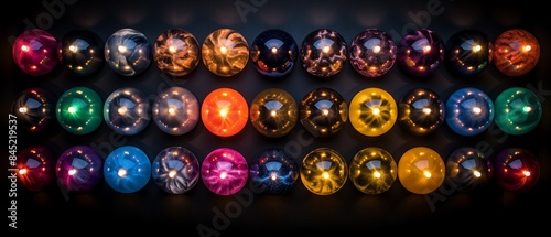 Array of bowling balls from above, patterns and colors, evenly lit