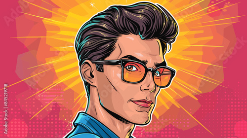 handsome man in sunglasses on pink and orange background vector illustration in pop art and pin-up style