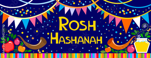 Rosh hashanah (jewish New Year holiday) concept. Traditional symbols. Template for postcard or invitation card, poster, banner. Horizont banner. Greeting, invitation card or flyer. Vector illustration