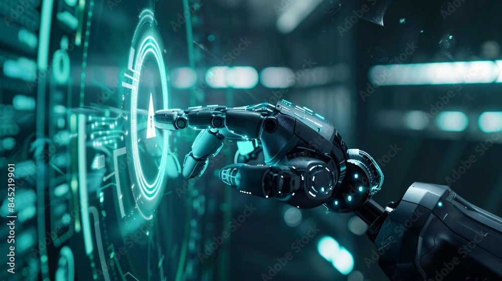 An AI robotic hand with advanced technology presses a button and interacts with a holographic interface in Industry 4.0. An AI robotic hand with advanced technology presses a button and interacts with a holographic interface in Industry 4.0.