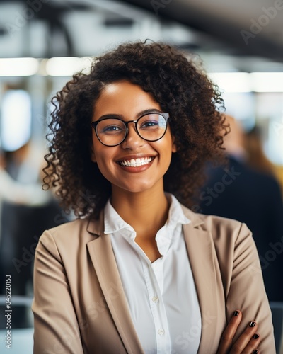 Close-up of a successful black businesswoman, smiling, modern office background