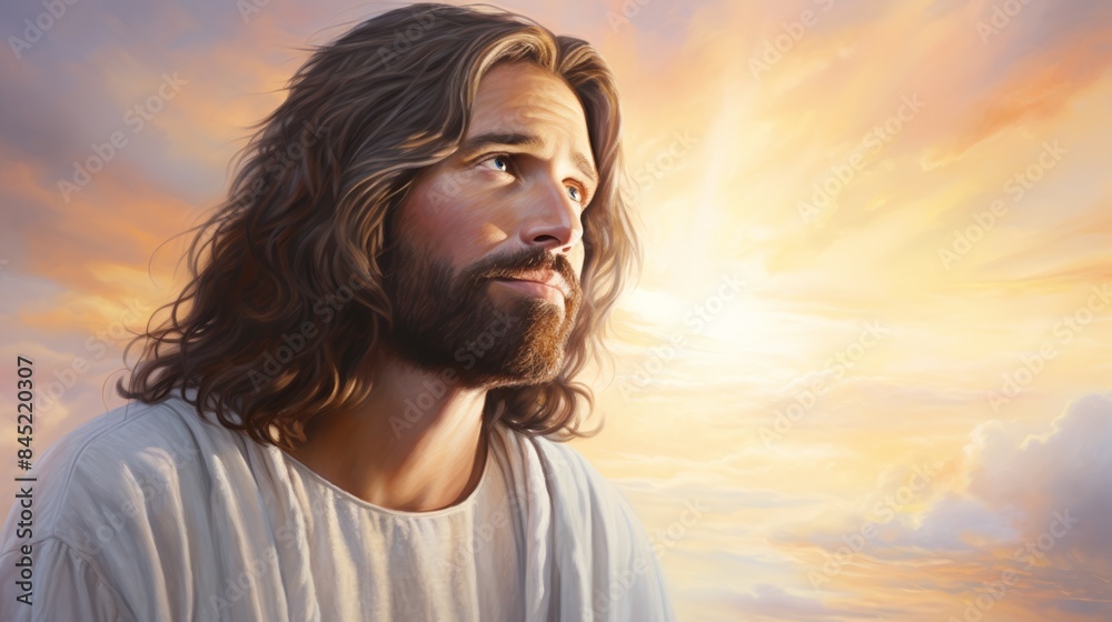 Close-up of Jesus with a halo, soft pastel sky behind, serene expression Close-up of Jesus with a halo, soft pastel sky behind, serene expression