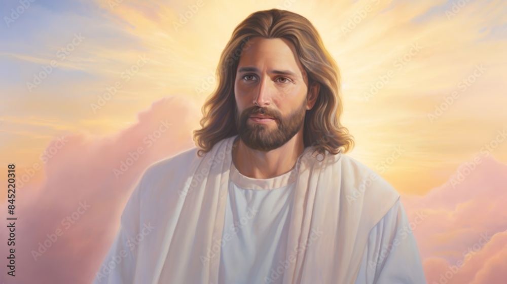 Close-up of Jesus with a halo, soft pastel sky behind, serene expression Close-up of Jesus with a halo, soft pastel sky behind, serene expression