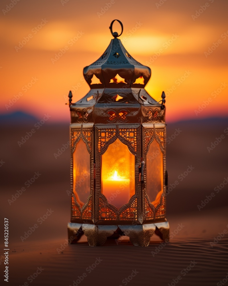 Close-up on intricately designed lantern in desert, sunset backdrop, focused light Close-up on intricately designed lantern in desert, sunset backdrop, focused light