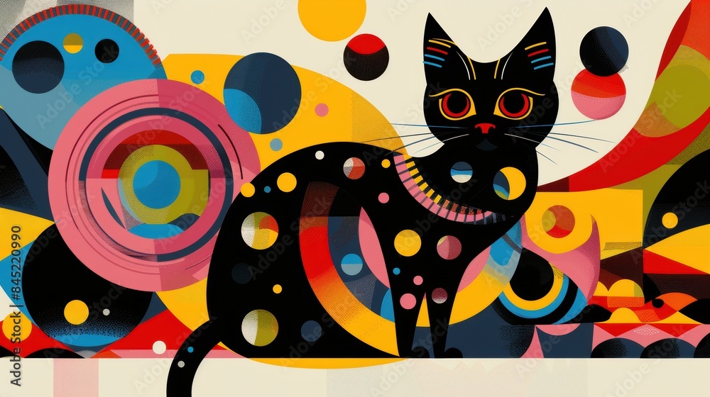Fototapeta Stylized cat illustration featuring geometric shapes and colorful circles. Perfect for modern art and graphic design projects.