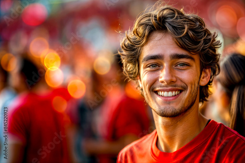 Man with curly hair and beard smiles in front of crowd. photo