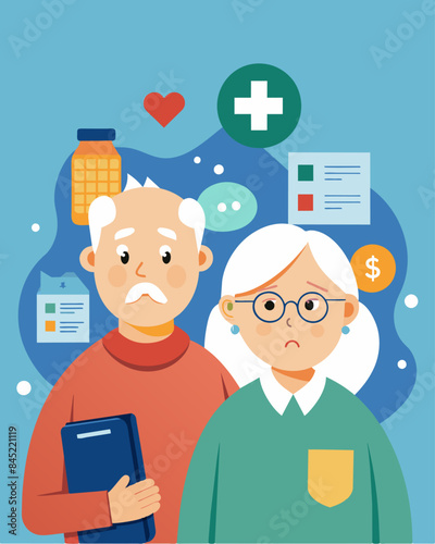 An aging couple anxiously watches their retirement savings dwindle as they struggle to keep up with medical bills.. Vector illustration