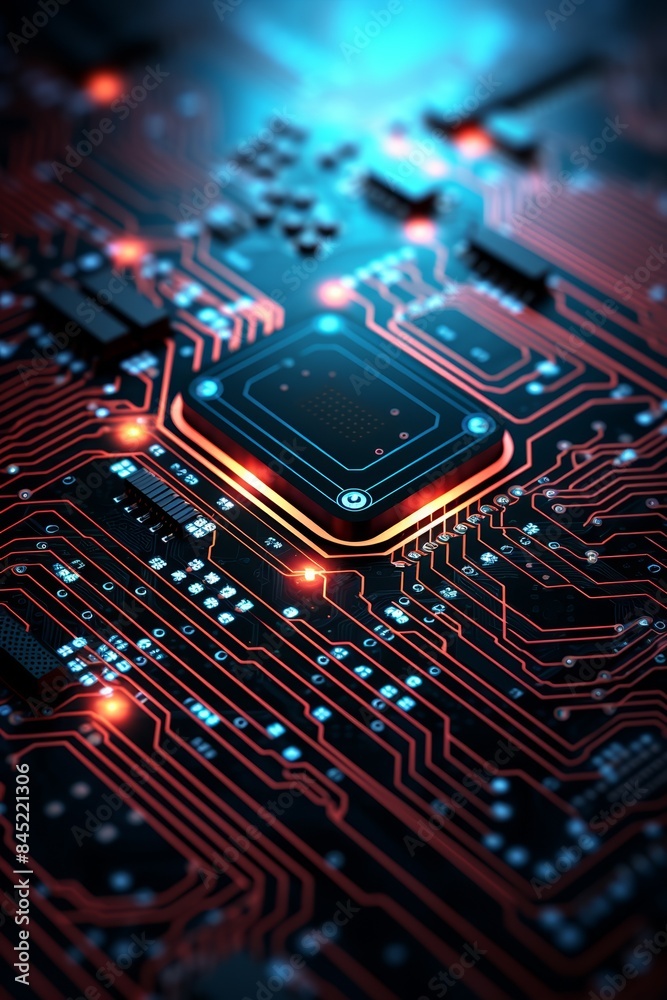 Glowing circuit board, close-up, neon highlights, dark background Glowing circuit board, close-up, neon highlights, dark background