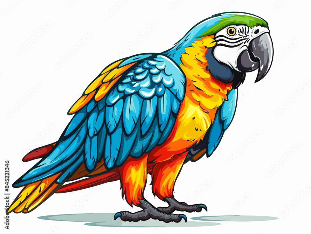 Fototapeta premium A colorful parrot is perched on a white background. The bird's vibrant colors and its pose create a lively and cheerful atmosphere