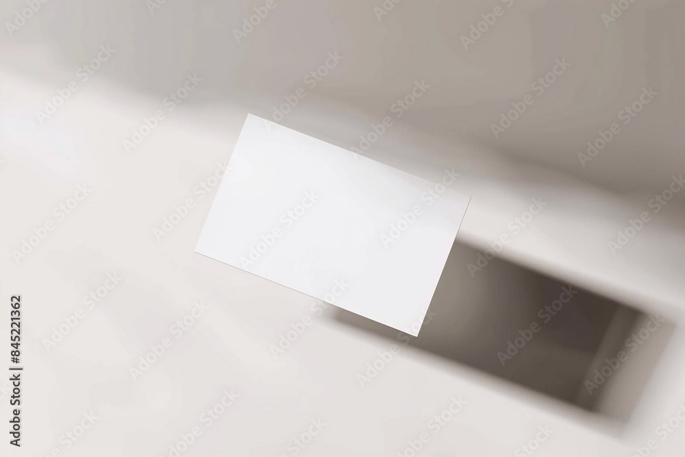 Business card mockup floating on a white paper background, minimalistic and modern design Business card mockup floating on a white paper background, minimalistic and modern design