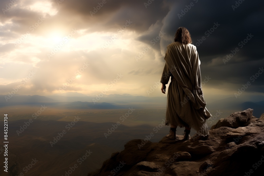 Jesus standing on a hilltop, dramatic stormy sky in the background, contemplative Jesus standing on a hilltop, dramatic stormy sky in the background, contemplative
