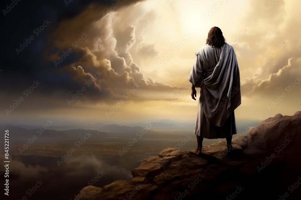 Jesus standing on a hilltop, dramatic stormy sky in the background, contemplative Jesus standing on a hilltop, dramatic stormy sky in the background, contemplative