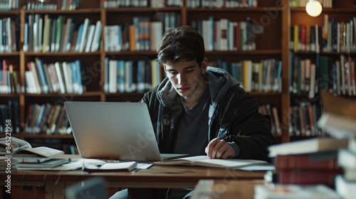 A Caucasian student conducts academic research in a contemporary library, utilizing a laptop and surrounded by educational resources, dedicated to learning in a university environment.