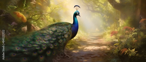 Peacock strutting along a garden path, feathers down, clear morning light, side view