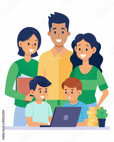 The Patel family incorporates financial learning into their homeschool curriculum including a weekly family meeting to discuss budgeting and investing.. Vector illustration