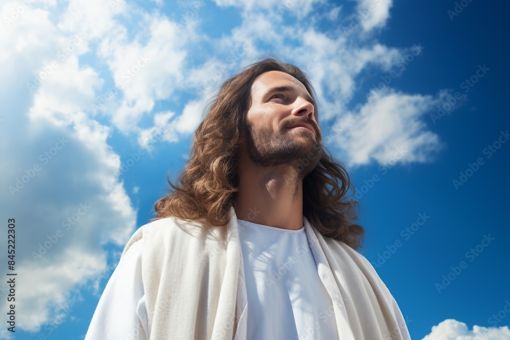 Portrait of Jesus looking upwards, bright blue sky and fluffy clouds above Portrait of Jesus looking upwards, bright blue sky and fluffy clouds above