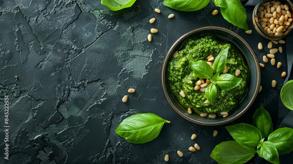 A beautifully presented bowl of pesto, with basil leaves and pine nuts decoratively placed around it, top view, isolated background, studio lighting A beautifully presented bowl of pesto, with basil leaves and pine nuts decoratively placed around it, top view, isolated background, studio lighting