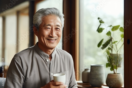 Senior Asian man smiling at camera, holding a cup of tea, cozy home environment