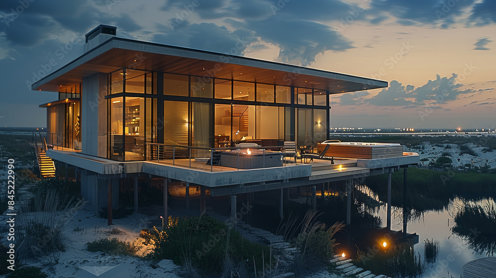 Modern vacation stilt house on tall concrete stilts with above-ground concrete hot tub on deck, led accent lighting. Generative AI. Modern vacation stilt house on tall concrete stilts with above-ground concrete hot tub on deck, led accent lighting. Generative AI.