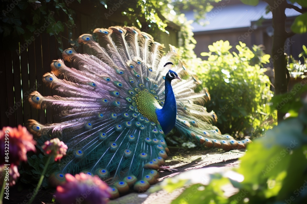 Obraz premium Wide shot of a peacock in a lush garden, feathers fanned, midday sunlight