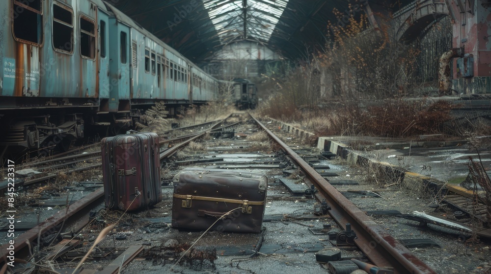 A derelict train station with broken tracks and rusting locomotives, abandoned luggage strewn about, capturing a moment frozen in time A derelict train station with broken tracks and rusting locomotives, abandoned luggage strewn about, capturing a moment frozen in time