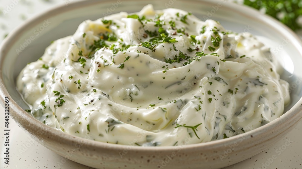 A dollop of ranch dressing, close-up revealing creamy texture and herbs, on a white plate, isolated background, sharp studio lighting A dollop of ranch dressing, close-up revealing creamy texture and herbs, on a white plate, isolated background, sharp studio lighting