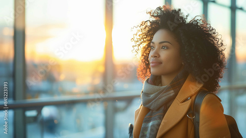 A beautiful African American woman with curly hair wearing a coat and scarf stood in an airport waiting area looking out the window at the sunlit sky. With a soft focus lens on a Sony Alpha A7 III cam