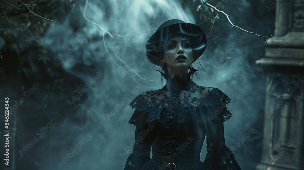 Mysterious Woman in Dark Coat and Round Glasses, Atmospheric Portrait with Moody Blue Lighting and Vintage Style Mysterious Woman in Dark Coat and Round Glasses, Atmospheric Portrait with Moody Blue Lighting and Vintage Style