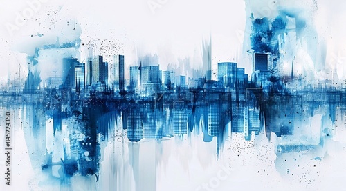 modern abstract blue cityscape in the style of watercolor painting, shiny foil and metallic accents reflection on a white background. generative AI