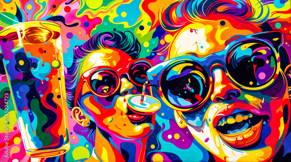 Painting of man and woman wearing sunglasses with colorful background. Painting of man and woman wearing sunglasses with colorful background.