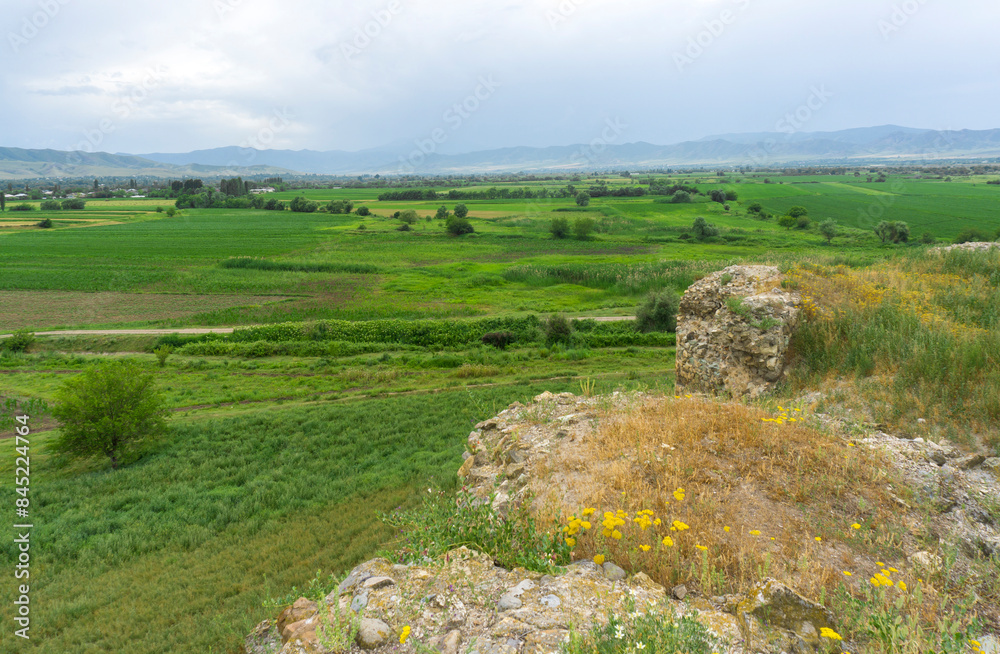 Fototapeta premium View from Gagi fortress. Valley, agrarian fields, green crops. Mountain range on the foreground