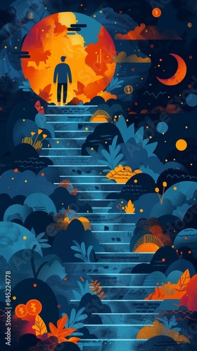 30. A creative illustration of an entrepreneur's journey from startup to financial independence, highlighting key milestones like funding, customer acquisition, and wealth management