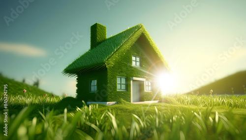 Closeup of a beautiful green house made of a green grass on a meadow against a clear blue sky with copy space and sunbeams, backlit. Environment sustainable lifestyle, eco friendly home. Generative Ai