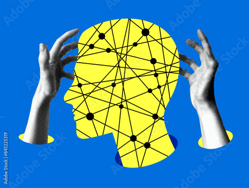 Modern collage with halftone hands and human head. Knowledge concept. Teamwork. Idea generation. Artificial intelligence and human interaction concept
