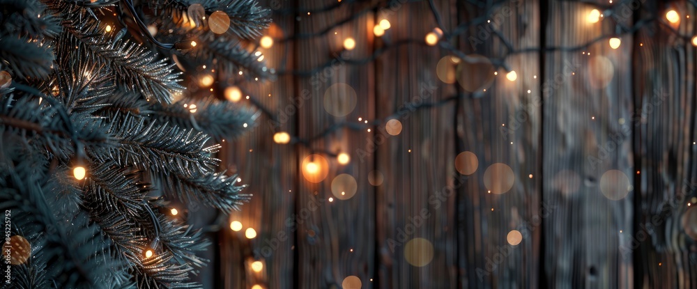 Spruce Branches And Christmas String Lights Drape Over A Barn Wood Background, Crafting A Cozy, Rustic Holiday Scene