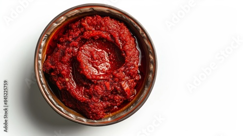 Aerial view of Harissa, fiery red chili paste with visible spices, elegantly presented in a ceramic dish, isolated background, studio lighting
