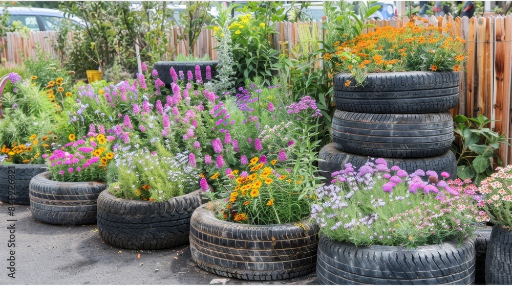 Artistic garden using repurposed tires as planters, filled with colorful flowers, eco-friendly and vibrant Artistic garden using repurposed tires as planters, filled with colorful flowers, eco-friendly and vibrant
