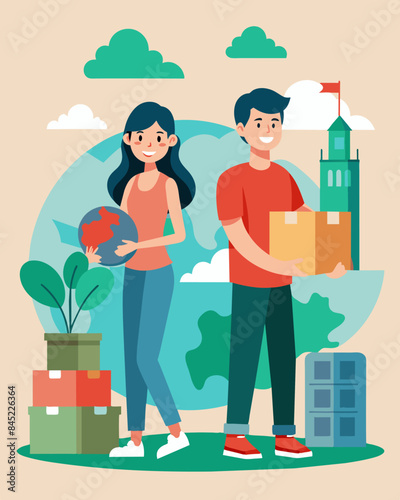 A young couple packs up their belongings and heads to a new country where they have heard there are more job opportunities and a higher standard of living.. Vector illustration