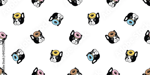 dog seamless pattern french bulldog donut head face vector cartoon puppy pet bakery bake food doodle gift wrapping paper tile background repeat wallpaper illustration scarf isolated design
