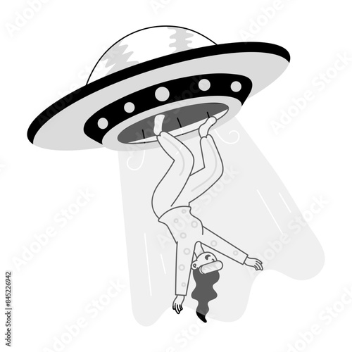 Easy to edit doodle mini illustration of ufo abduction 

