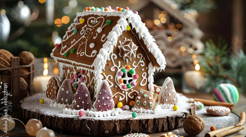 A festive gingerbread house with colorful decorations and candy accents, perfect for the holidays. © ron