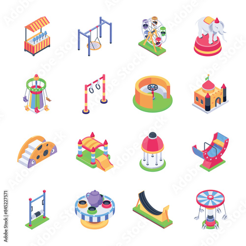 Collection of Carnival Rides Isometric Icons 


