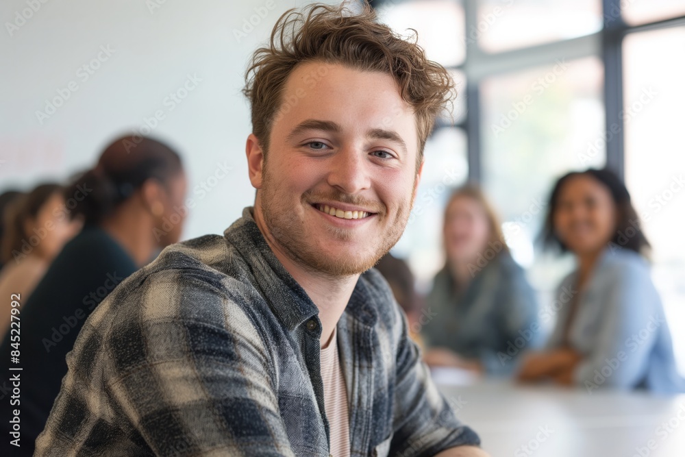 A man wearing a light blue collared shirt smiles for the camera while sitting in a business meeting. The image portrays a positive and professional atmosphere within a modern office setting. A man wearing a light blue collared shirt smiles for the camera while sitting in a business meeting. The image portrays a positive and professional atmosphere within a modern office setting.