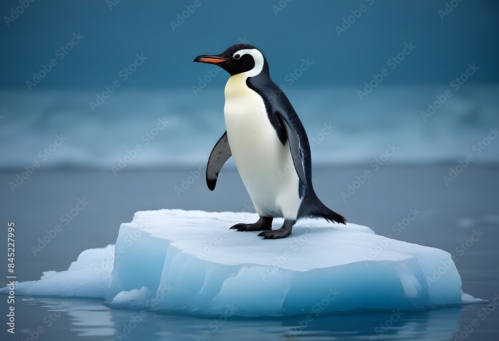 Obraz premium Climate Change represented by a lone penguin on a small slab of ice.