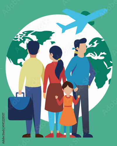 After struggling to make ends meet in their home country a family decides to join a relative who has already migrated for economic opportunities.. Vector illustration