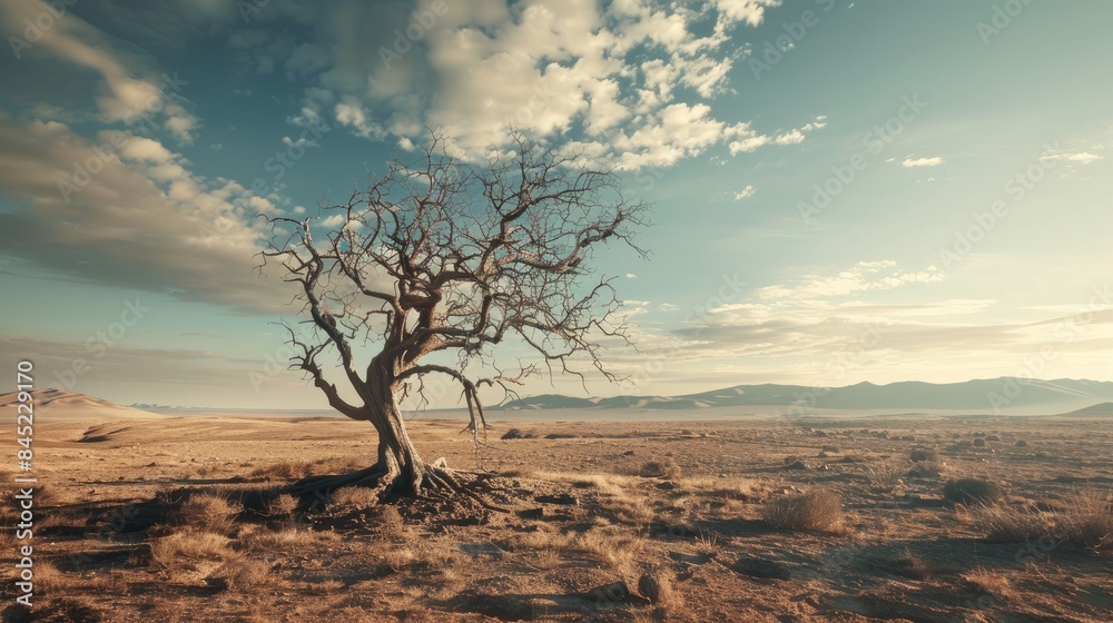 A withered tree in a desert landscape, symbolizing the harsh consequences of global warming on vegetation.