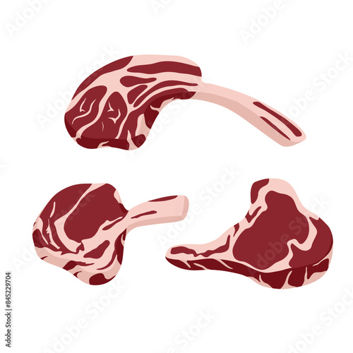 Set of rib eye steaks. Red beef pieces collection. Cold cuts. Rib eye, tenderloin