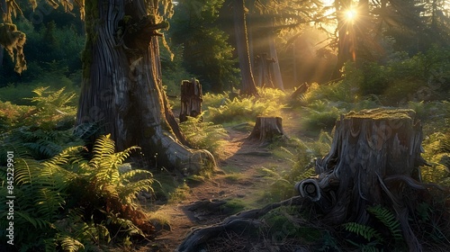 Sunlit Forest Path Through Lush Verdant Wilderness with Towering Ancient Trees,Ferns,and Moss-Covered Stumps photo