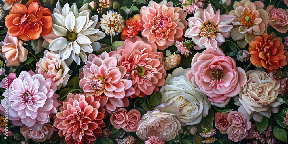Richly detailed and textured floral mural with a pronounced 3D effect, showcasing artistic craftsmanship and design