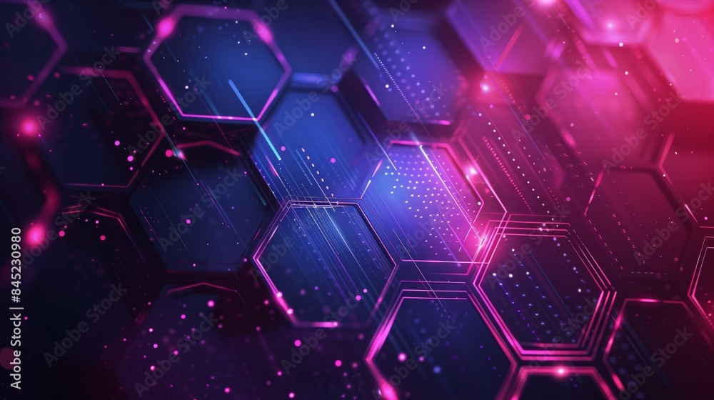 This image is a digital rendering of an abstract technology background. It features a honeycomb pattern of glowing hexagons in shades of blue and purple, with streaks of light emanating from the